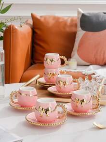 Set de 6 tazas y platillos de café, con diseño de borde de perla y lazo, taza de 100ml, nuevo