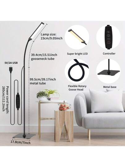 Yogle 1pc LED Vloer Lamp, Reading Lamp [120 LEDs, Modes 3000K 6000K 10 Brightness Settings] Dimmable Bureau Flexible Gooseneck, Living Room, Bedroom, Office view 3