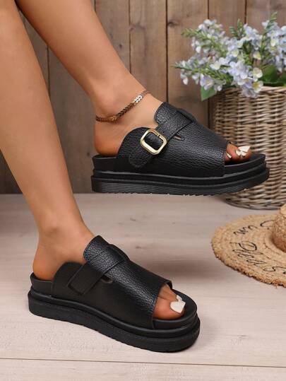 Women's PU Buckle Decor Sandals, Thick Sole Fashion Shoes In Black, Leopard Print, Mixed Color For Beach Wear