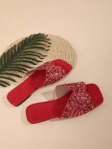 Sandalias planas con pedrería colorida de ajuste ancho para mujer, estilo casual de verano, pantuflas de terciopelo burdeos para mujer