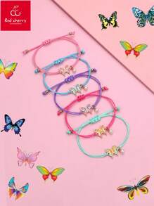 Set 5pcs Gelang Anak Perempuan Motif Kupu-kupu Ombre dari Paduan Seng, Liontin Mutiara Imitasi, Tali Lilin Berwarna-warni, Perhiasan Cantik Cocok untuk Pemakaian Sehari-hari - MultiWarna - View 3