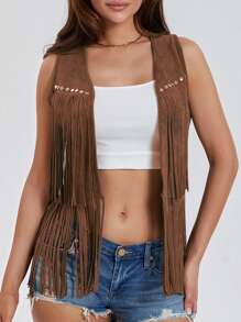 Women's Boho Hippie Chic Waistcoat Vest Ultra Lightweight Solid Hue Open Front Sleeveless Jacket Adorned With Tassels  Streetwear Layering