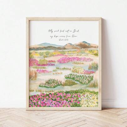 1PC Find Rest In God Psalm 62:5, Christian Wall Art, Christian Watercolor Desert Wildflowers Landscape, Scripture Prints, Bible Verse Wall Art, Religion Floral Botanical Creative Home Wall Decoration, Bedroom, Living Room, Kitchen, Bathroom, Dormitory Wall Art Canvas Poster Gifts Birthday Graduation