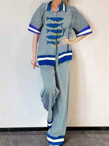 Damen Strandurlaub Frühlings- und Sommer Oversize Mode Lässig Blau und Weiß Karomuster Kontrast Zitronen Sardinen Muster Kurzarm Hose Zweiteiler - Blau - Übersicht 5