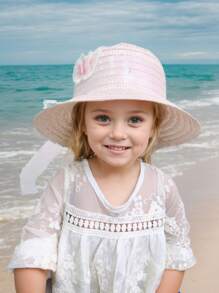 1pc Girls Butterfly Pattern Sun Hat, White Summer Wave Beach Hat For Kids - Pink - View 2