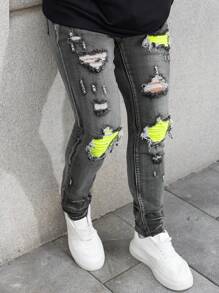 Modische Herren Streetwear gewaschene Flicken Grau Jeans, Jugendstil