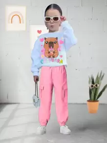 Conjunto Capybara Sudadera Ligera  con Brillos  + Pantalón Cargo con Bolsillos Para Niñas - Rosa - Ver 1