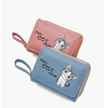 1pc New Cute Cartoon Print Compact Folding Women Small Wallet, Fresh PU Trifold Coin Purse, Fashion Ladies Accessory
