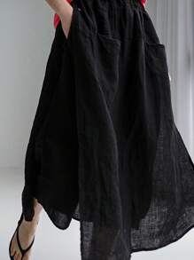 Women's Wide Leg Linen Capri Pants Multi-pockets Loose Fit Fake-two Piece Culotes - Negro - Ver 3