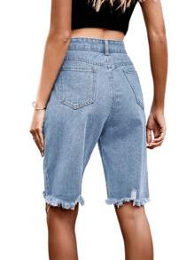 Womens Ripped Bermuda Denim Shorts Casual High Waist Raw Hem Knee Length Jean Shorts