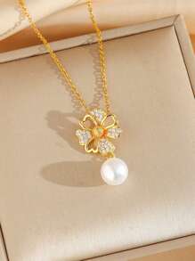 3 pièces Ensemble de bijoux mode luxueux avec collier et boucles d'oreilles pendentif fleur incrusté de cubic zirconia et faux perles, convient pour les femmes pour les fêtes et le port quotidien, idéal pour un cadeau de vacances