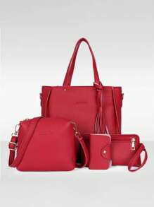 4pcs/Set Minimalist Solid Color PU Leather Tote Bag With Crossbody Bag, Clutch And Card Holder, Fashionable Business Commuter Shoulder Bag For Daily Office Use, Lightweight Vintage Large Capacity Travel Vacation Underarm Bag, Women Bag Sets - Multicolor - View 11