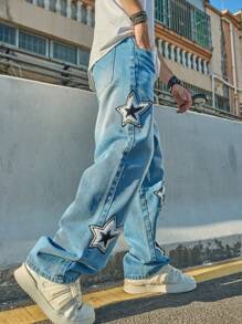 Men's Loose Fit Distressed Denim Jeans With Letter Print Design - Blue - View 4