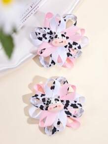 2PCS Girls Cow Flower Hair Clips, Cute Cow Hairpins For Girls, Exquisite Polyester Grosgrain Ribbon Hair Clips For Daily, Hair Accessories