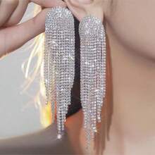 1 Pair Silver Geometric Rhinestone Tassel Drop Earrings - Silver - View 2