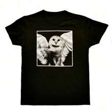 Estampado con un patrón de búho blanco y negro, el estilo es elegante y tiene un tacto ligeramente oscuro. Camiseta informal de verano de manga corta, 220 g de algodón grueso. - Negro - Ver 1