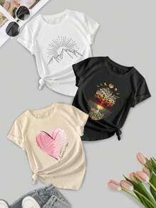 3er Pack Damen Lässig Shirts im Vintage Stil mit Herz- und Blumendrucken - bequeme Crew Neck, Kurzarm, Sportshirts, rosa, grau und teal, Polyester, maschinenwaschbar, Frühlings- und Sommerbluse | Vintage Style Shirts | maschinenwaschbare Blusen