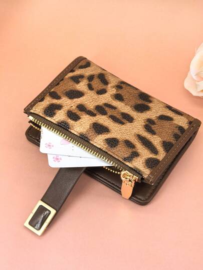女士短款撞色拼布钱包，时尚豹纹和树纹多功能卡包钱包，精致别致按扣开合年轻学生大容量拉链零钱包，轻巧方便便携适合节日礼物