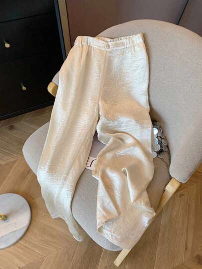 Pantalon décontracté en acétate satin jacquard à taille élastique pour femmes, jambes larges et fluides, en tissu polyester, pour toutes les saisons, style chinois