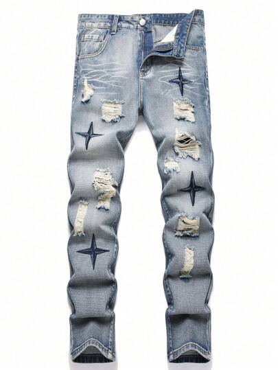 Blue Men's Straight Casual Fashion Spring And Autumn Denim Breathable Trousers, Star Embroidery Comfortable Mid-Waist Soft Versatile Ripped Jeans
