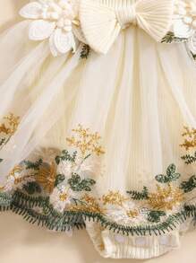 Baby Girl Dress Romper Newborn Romper Dress Flowers Embroidery Tulle Skirt Infant Girl Summer Clothes With Headband 2Pcs - 杏色 - 查看 6