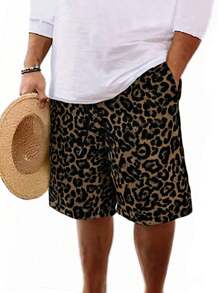 Men's Leopard Print Drawstring Waist Straight Leg Casual Shorts, Breathable & Cool For Summer Vacation & Beach