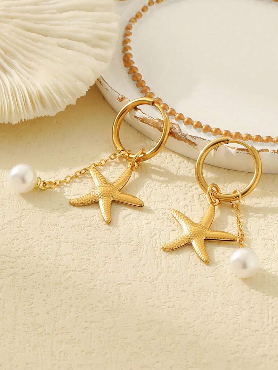 ZIRUISP 1pc Stainless Steel Gold-Color Earrings With Faux Pearl, Starfish, Seashell Decor, Beach Resort Style Jewelry For Women, Summer - Gold - View 1