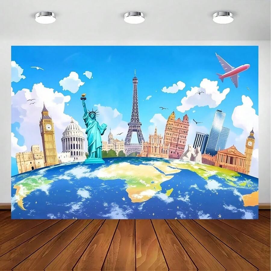 1pc World Map & Landmark Background, Polyester Party Decor Fabric, Versatile Indoor/Outdoor Photobooth Backdrop, No Power Needed, World Map Wall Decor - 1 - View 1