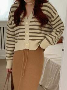 Casual Loose Striped Drop Shoulder Cardigan, Autumn/Winter