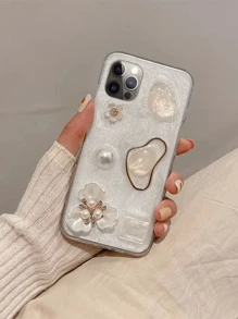 Funda de teléfono con decoración de flor 3D, perla falsa y gema compatible con iPhone15/15Plus/15Pro/15Promax 14/13 Pro Max/12/11, protección contra caídas completa, resistente al agua, a los golpes y a los arañazos