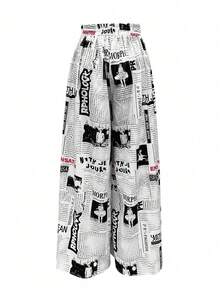 Women Random Print Minimalist Daily High Waisted Pants, Elegant Summer/Spring - White - View 3