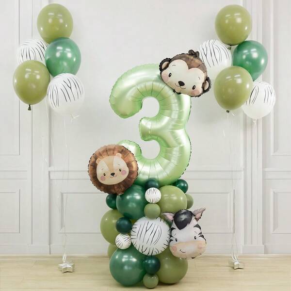 Balão metalizado com 40 peças de leão, macaco, zebra, animal, verde-escuro, abacate, com 32 polegadas de verde-oliva, conjunto de balões metalizados com números, perfeito para decoração de festa temática de aniversário, chá de bebê, festa de revelação de gênero, decoração de festa de verão, decoração de primavera