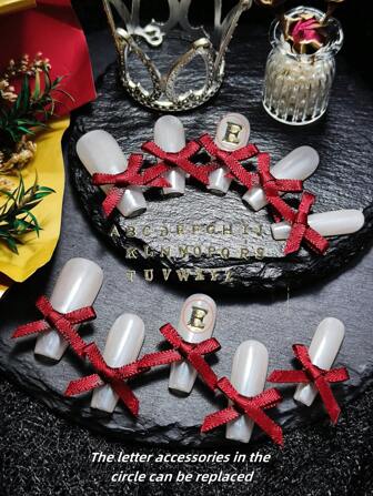 Handmade White Bow 3D Letter Customization Everyday Simple And Generous Fashionable Fake Nails Suitable For Couples Compression Nails