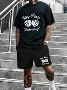 Men's Outdoor Sports Casual Drawstring Short Sleeve T-Shirt & Shorts Set, Suitable For Spring & Summer - Black - View 1