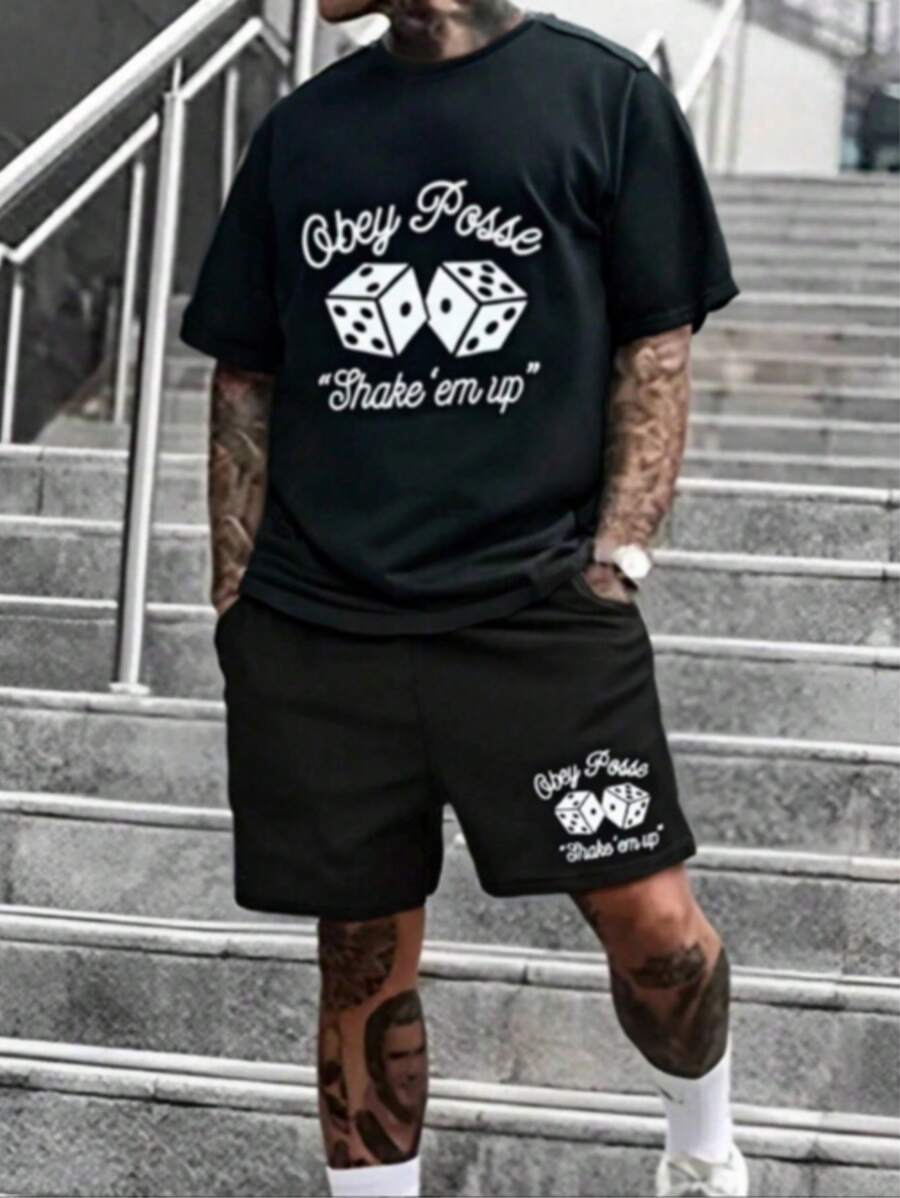 Men's Outdoor Sports Casual Drawstring Short Sleeve T-Shirt & Shorts Set, Suitable For Spring & Summer - Black - View 1