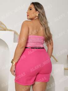 Plus Size Tailored Shorts With Elegant Belt Summer - Hot Pink - View 4