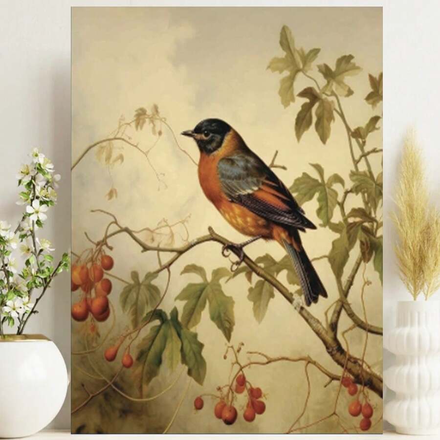 Framed Robin Poster Art Print Retro Vintage Bird Wall Art Poster Decor Nature, Avian Wall Decor Bird Themed. Vintage Inspired Bird Decor - Framed - View 1