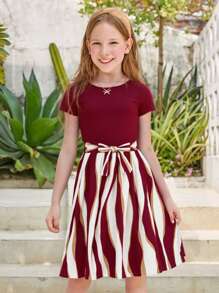 Girls Casual Round Neck Stripe Short Sleeve Dress, Versatile For Toddler & Tween Girl