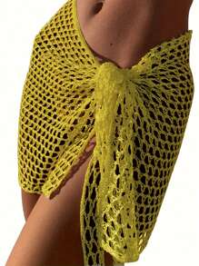 Women Beach Skirt, Cover-Up Skirt Hollowed Solid Summer Mini Knitted Skirt For Vacation SeasideCoachela Festival Swimsuits For Woman, Bathing Suits For Women, Trajes De Baño Mujer - 黃色 - 查看 7