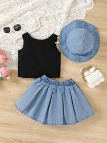 3pcs Set Young Girl Casual Elegant Big Bow Sleeveless Top, Pleated Skirt Denim Skirt And Hat Outfit - Black - View 2