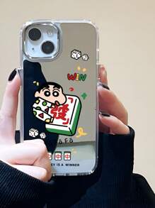 1pc Silver Space Case Mirror 2-In-1 TPU Cartoon Crayon Small New Pattern Thick Shockproof, Drop-Proof, Anti-Fingerprint Full Protection Phone Case Compatible With Iphone 11/11PRO/11PROMAX/12/12PRO/12PROMAX/13/13PRO/13PROMAX/14PRO/14PROMAX/14PLUS/15/15PRO/15PROMAX/15PLUS/16/16PRO/ 16PROMAX/ 16PLUS