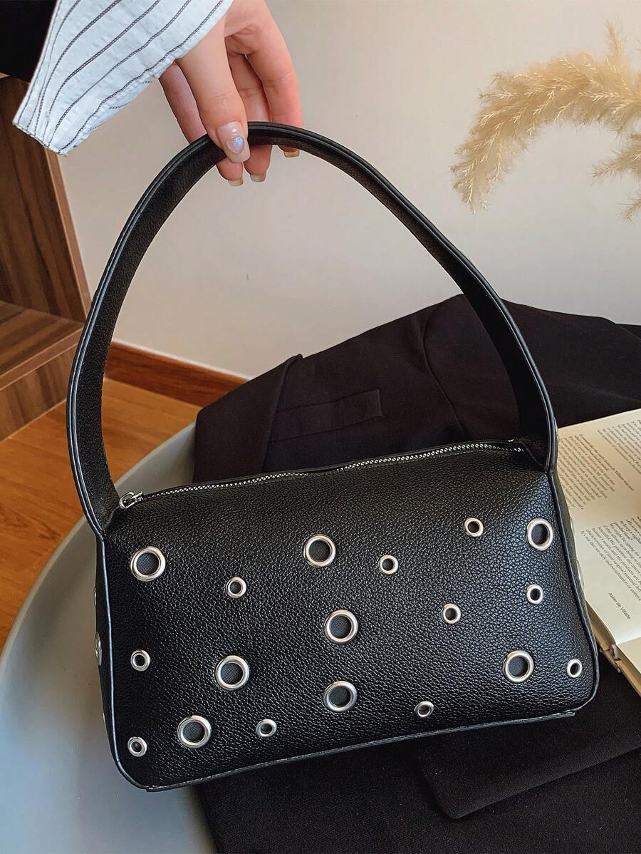 复古摩托车风格软皮铆钉手提包，百搭镂空铆钉手提包