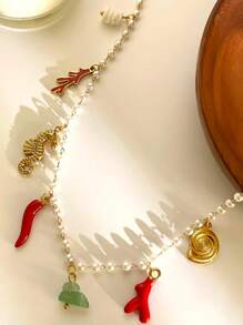 1 件时尚不锈钢辣椒、海马、贝壳和珍珠吊坠项链，百搭，适合女性