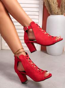 2025 新款十字设计帆布带扣系带舒适百搭高跟鞋 - 紅色 - 查看 2