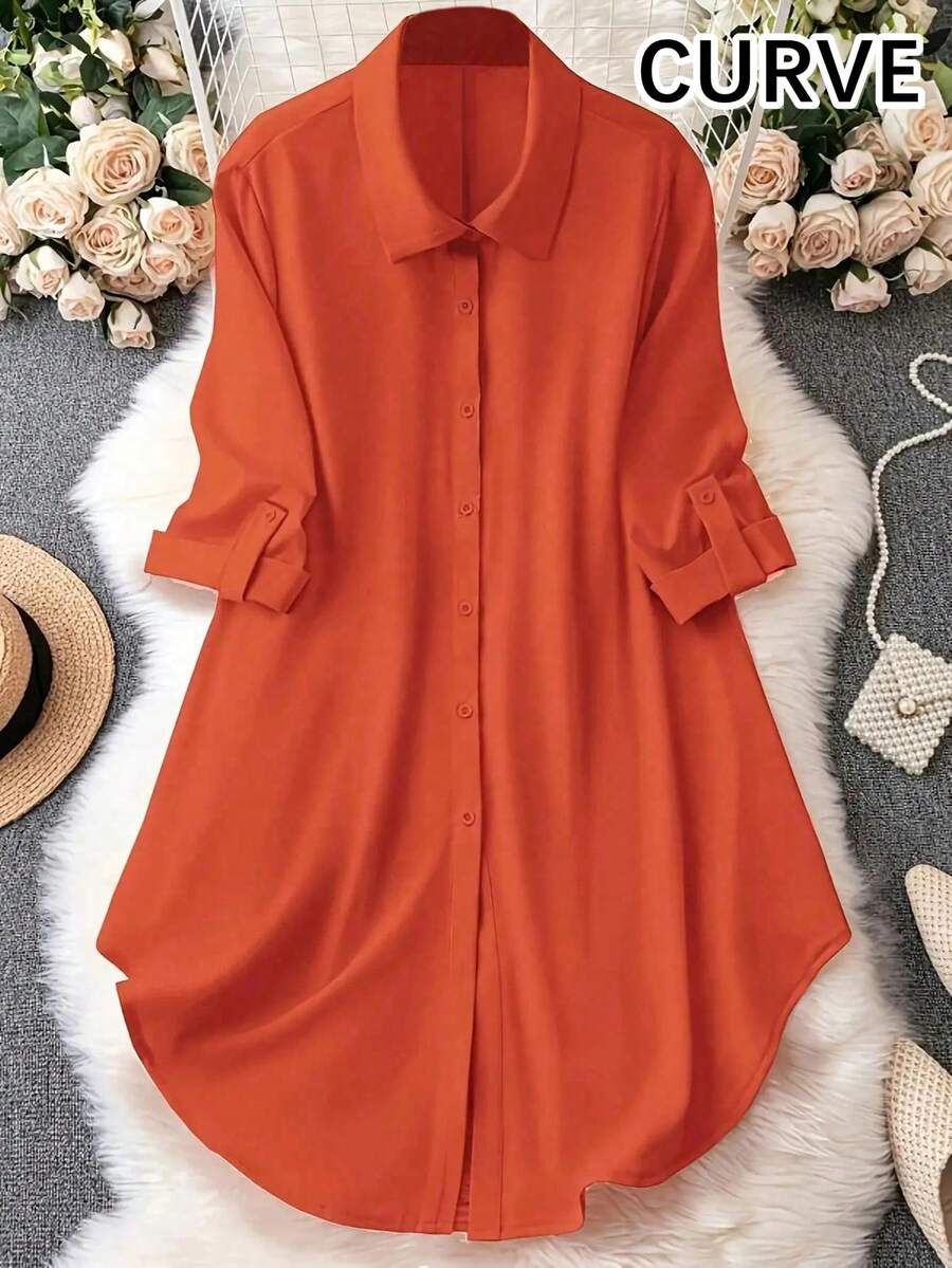 Plus Casual Solid Color Long Shirt Spring - Orange - View 1