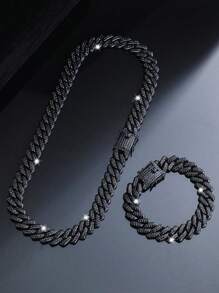 2pcs Black Cuban Chains Necklace And Bracelet Set,Men's Chain Choker Necklace Hip Hop Jewelry Set,Fashion Rapper's Jewelry ,Perfect Gift For Boyfriend,Son And Dad