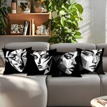 4pcs Abstract Art Pattern Pillow Cover Set - Peach Velvet Cushion Cover 45*45cm - Multicolor - View 7