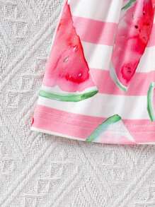 2pcs Baby Girls Watermelon Stripe Print Cap Sleeve Tops & Bow Shorts Set, Casual Fashion Spring/Summer