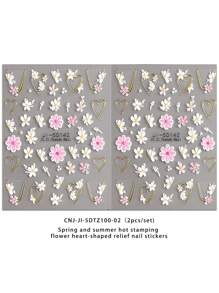 2 Pieces Of Spring And Summer Hot Stamping Flower Heart-Shaped Relief Nail Art Stickers - Gold, Pink, White Flowers, Hollow Heart-Shaped Flower Art Design, 5d Relief Technology, Suitable For Women's Disposable Self-Adhesive Back Adhesive Nail Art Stickers, Spring And Summer Fresh And Simple Hot Stamping Flower Theme Style, Easy To Stick Nail Decoration Stickers