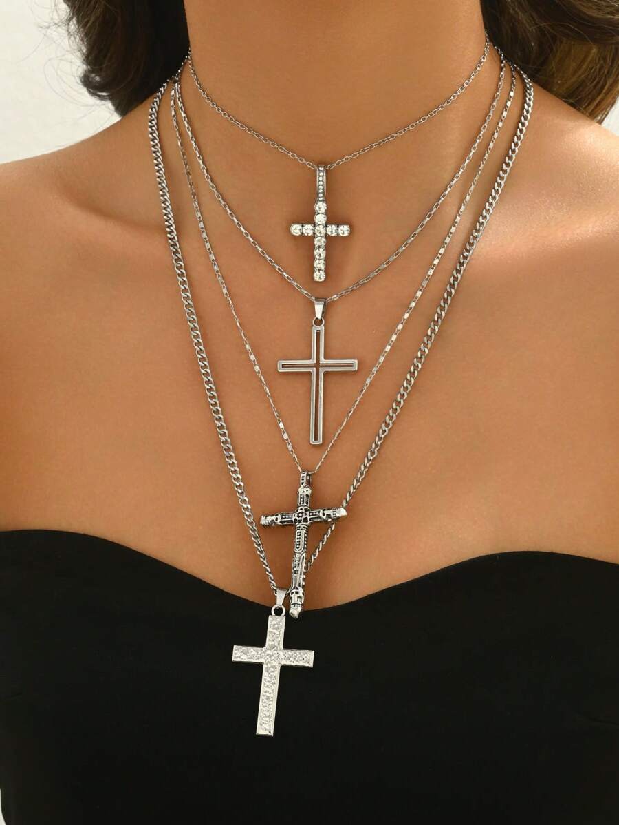 4件套时尚大气元素混合女士多层不锈钢项链套装复活节主题女士配饰